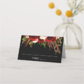 Black Burgundy Floral Boho Wedding Platzkarte (Vorderseite)
