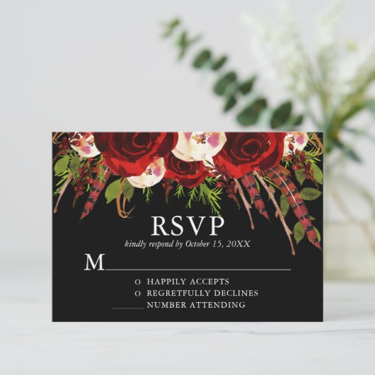Black Burgundy Floral Boho Wedding RSVP Karte (Stehend Vorderseite)