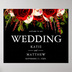 Black Burgundy Floral Boho Willkommen bei unserer Poster