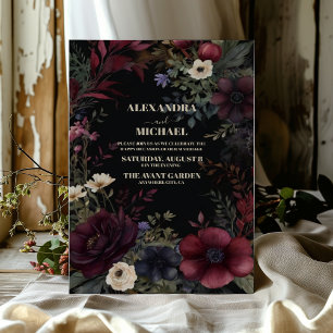 Black Burgundy Floral Modern Boho Wedding Einladung
