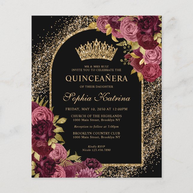 Black Burgundy Glam Gold Floral Quinceanera (Vorderseite)