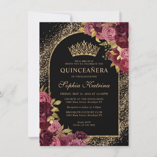 Black Burgundy Glam Gold Floral Quinceanera Mitteilungskarte (Vorderseite)