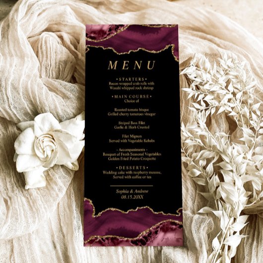 Black & Burgundy Gold Calligraphy Wedding Menu Menükarte