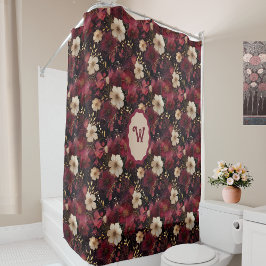 Black Burgundy Gold Creme Vintag Floral Monogram Duschvorhang