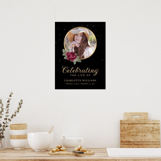 Black Burgundy Gold Floral Begräbniszeichen Poster (Küche)