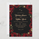 Black Burgundy⎮ Gold Rose Floral Boho Wedding Einladung (Vorderseite)
