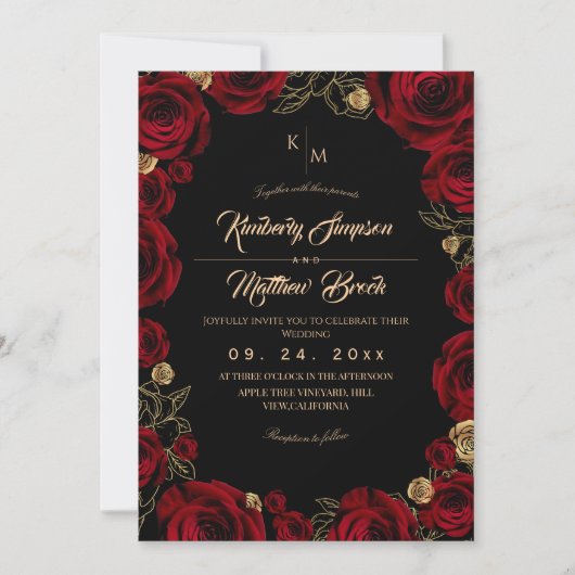 Black Burgundy⎮ Gold Rose Floral Boho Wedding Einladung (Vorderseite)