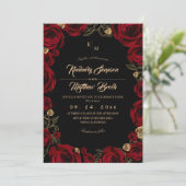 Black Burgundy⎮ Gold Rose Floral Boho Wedding Einladung (Stehend Vorderseite)