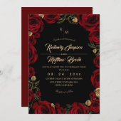 Black Burgundy⎮ Gold Rose Floral Boho Wedding Einladung (Vorne/Hinten)
