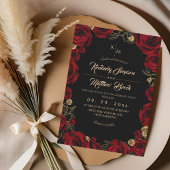 Black Burgundy⎮ Gold Rose Floral Boho Wedding Einladung