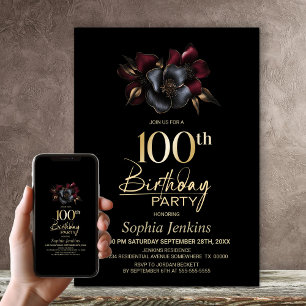 Black Burgundy Gray Floral 100. Geburtstagsparty Einladung