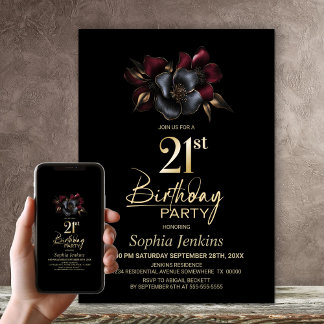 Black Burgundy Gray Floral 21. Geburtstag Party Einladung