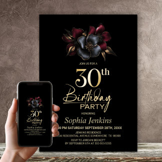 Black Burgundy Gray Floral 30. Geburtstag Party Einladung