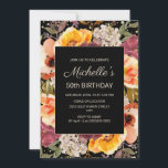 Black Burgundy Orange Floral Gold 50. Geburtstag Einladung<br><div class="desc">Elegantes Bordeaux und orangefarbenes Aquarell mit goldenem Glitzer auf einer schwarzen 50. Geburtstagsfeier. Kontaktieren Sie uns für Hilfe bei der Anpassung oder um passende Produkte anzufordern.</div>