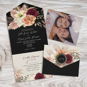 Black Burgundy Peach Floral Wedding All In One Einladung
