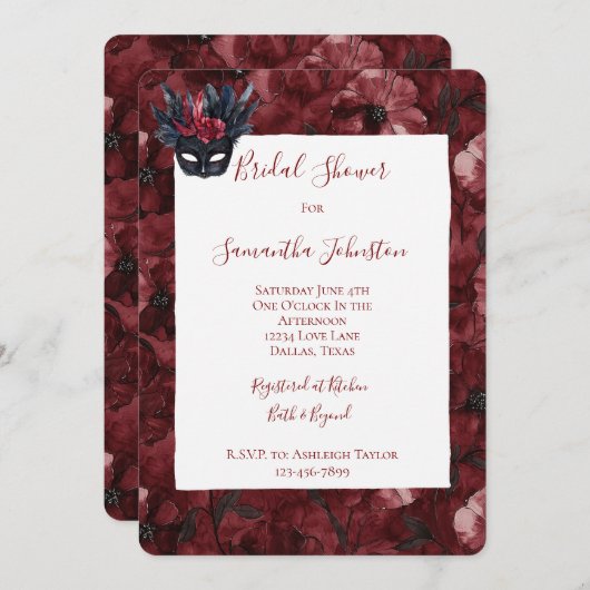 Black Burgundy Red Feathers Mask Brautparty Einladung (Vorne/Hinten)