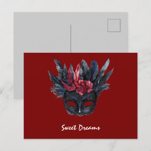 Black Burgundy Red Feathers Maske Postkarte