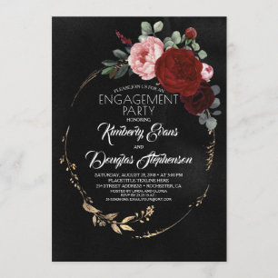 Black Burgundy Red Gold Floral Engagement Party Einladung