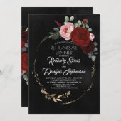 Black Burgundy Red Gold Floral Probe Dinner Einladung (Vorne/Hinten)