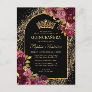 Black Burgundy Red Gold Glitzer Floral Quinceanera Einladungspostkarte