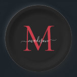 Black Burgundy Red Monogram Modernes, elegantes Sk Pappteller<br><div class="desc">Einfache moderne,  trendige Black Burgundy Maroon Red Monogram Modern Feminine Script Name Paper Plate</div>