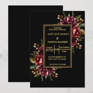 Black Burgundy und Gold Floral Moderne Boho Weddin Einladung