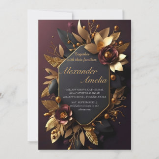 Black Burgundy und Gold Floral Moderne Boho Weddin Einladung