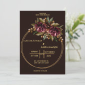 Black Burgundy und Gold Floral Moderne Boho Weddin Einladung (Stehend Vorderseite)