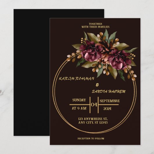 Black Burgundy und Gold Floral Moderne Boho Weddin Einladung (Vorne/Hinten)