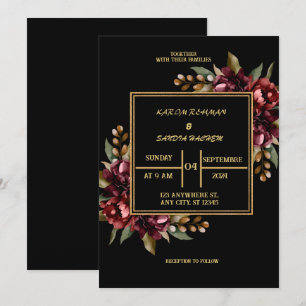 Black Burgundy und Gold Floral Moderne Boho Weddin Einladung