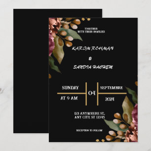 Black Burgundy und Gold Floral Moderne Boho Weddin Einladung