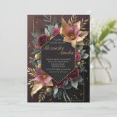Black Burgundy und Gold Floral Moderne Boho Weddin Einladung (Stehend Vorderseite)