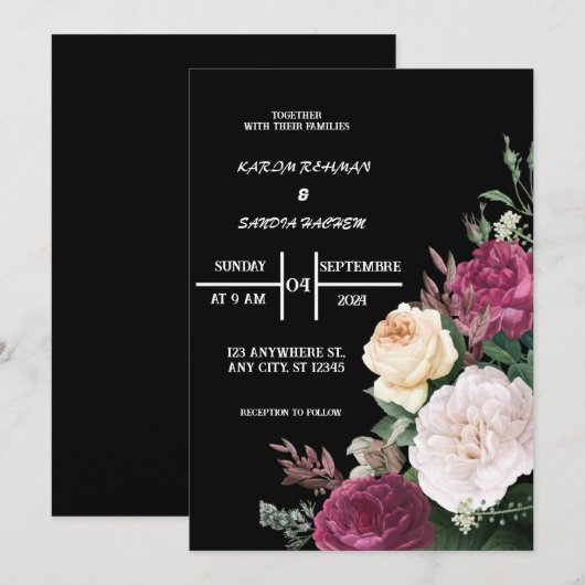 Black Burgundy und Gold Floral Moderne Boho Weddin Einladung (Vorne/Hinten)