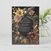 Black Burgundy und Gold Floral Moderne Boho Weddin Einladung (Stehend Vorderseite)