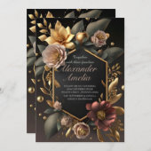 Black Burgundy und Gold Floral Moderne Boho Weddin Einladung (Vorne/Hinten)