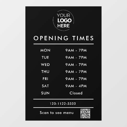 Black Business Opening Stunden Logo und qr Code Fensteraufkleber (Blatt)