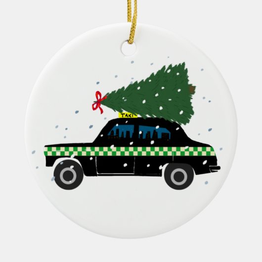 Black Cab Taxi Weihnachtsbaum Zeichnend Schnee Keramik Ornament (Vorne)
