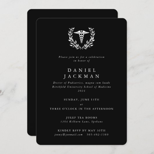 Black Caduceus + Laurel Medical School Abschluss Einladung (Vorne/Hinten)