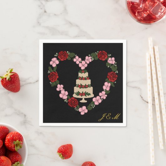 Black cake Topper napkin with a pink and red heart Serviette (Beispiel)
