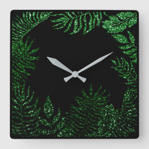 Black Cali Deep Green Palm Tree Botanischer Glitze Quadratische Wanduhr
