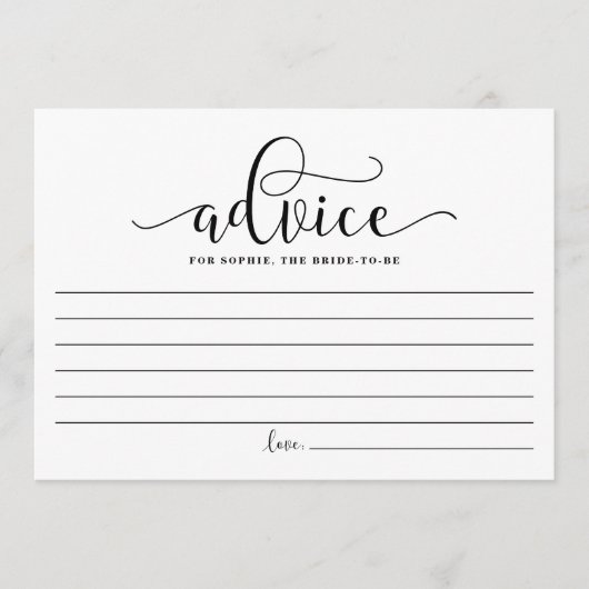 Black Calligraphy Adivce für die Braut Hinweiskarte (Vorderseite)