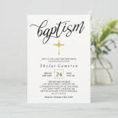 Black Calligraphy Gold Cross Baptisse Einladung (Stehend Vorderseite)