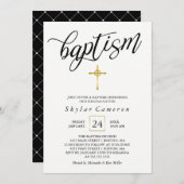 Black Calligraphy Gold Cross Baptisse Einladung (Vorne/Hinten)