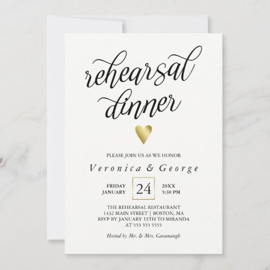 Black Calligraphy Gold Herz Probe Dinner Einladung (Vorderseite)