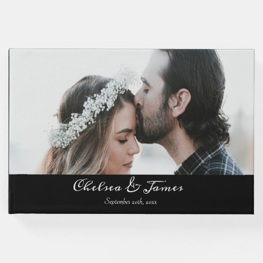 Black Calligraphy Script Foto Wedding Gästebuch (Vorderseite)
