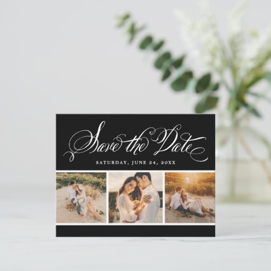 Black Calligraphy Script Wedding Foto Collage Save The Date (Stehend Vorderseite)