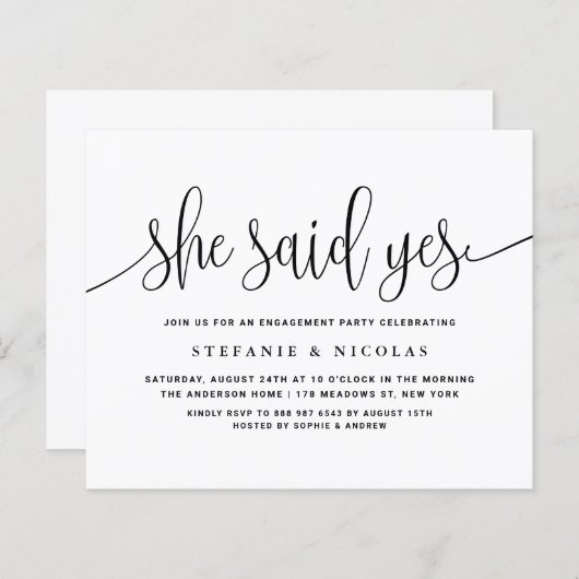Black Calligraphy Sie sagte Yes Engagement Party (Vorne/Hinten)