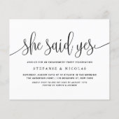 Black Calligraphy Sie sagte Yes Engagement Party (Vorderseite)