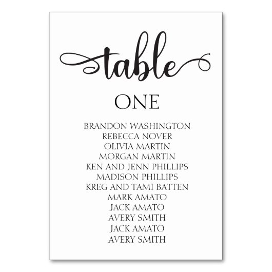 Black Calligraphy Wedding Chart Card 3.5x5 Tischnummer (Vorderseite)