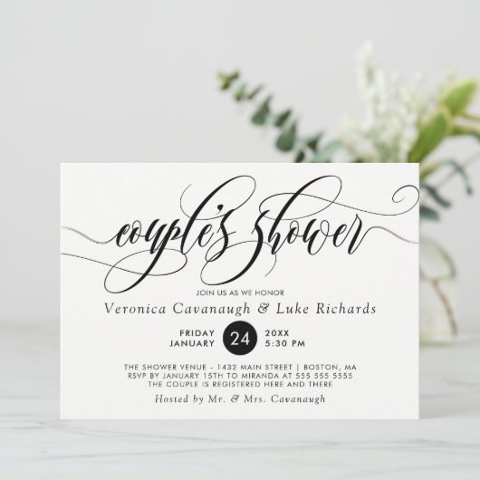 Black Calligraphy Wirbel Couple's Shower Einladung (Stehend Vorderseite)